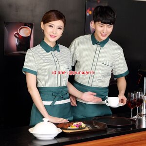 เสื้อพนักงานต้อนรับ เสื้อพนักงานเสริฟ เสื้อพนักงานโรงแรม เสื้อพนักงานร้านอาหาร เสื้อพนักงานร้านกาแฟ เสื้อพนักงานซุปเปอร์มาร์เก็ต แดง เขียว ม่วง M-3XL F6101012 เสื้อ+กันเปื้อน