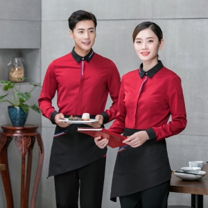 F6202004 เสื้อพนักงานต้อนรับ เสื้อพนักงานเสริฟ เสื้อพนักงานโรงแรม เสื้อพนักงานร้านอาหาร ดำ แดง เขียว ส้ม M-3XL F6202004 เสื้อ+ ผ้ากันเปื้อน