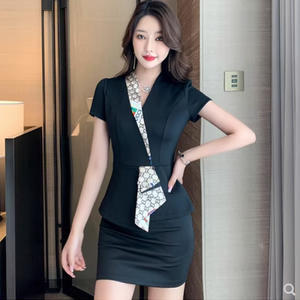 ชุดพนักงานนวดสปา ชุดพนักงานเสริมสวยแช่เท้าคลีนิคความงาม เบจ ดำ S-3XL S6609005 ชุด