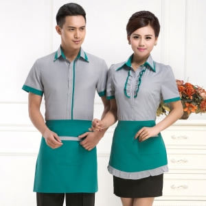 เสื้อพนักงานต้อนรับ เสื้อพนักงานเสริฟ เสื้อพนักงานโรงแรม เสื้อพนักงานร้านอาหาร เสื้อพนักงานซุปเปอร์มาร์เก็ต F6208002 เสื้อ+เปื้อน