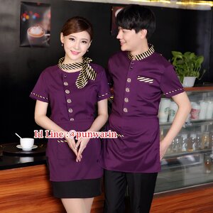 เสื้อพนักงานต้อนรับพนักงานเสริฟเสื้อพนักงานโรงแรมนรีสอร์ทเสื้อเชิ๊ตคอปกแขนสั้น ดำ แดง ม่วง M-3XL F6308005 เสื้อ+เปื้อน