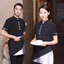 เสื้อฟอร์มพนักงานร้านอาหารกาแฟโรงแรม แขนสั้น ดำ แดง M-3XL F6708006 เสื้อ+เปื้อน* ขั้นต่ำ 2 ตัว